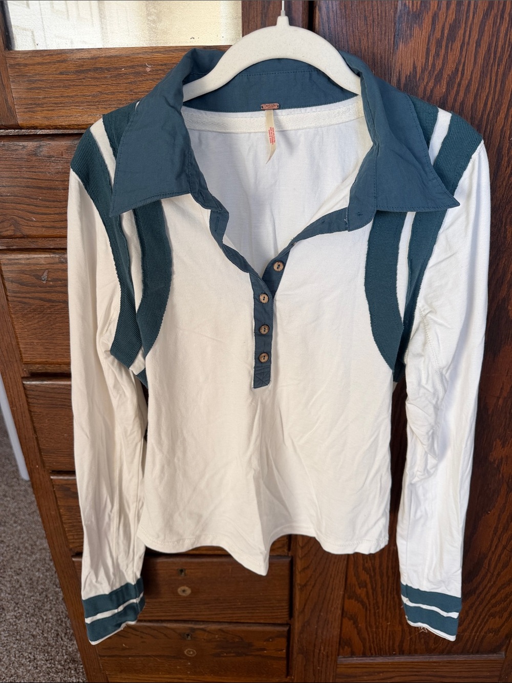 Free people Cream Long-Sleeve Button Down with Teal Accents